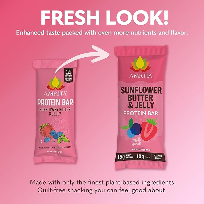 Amrita Nut Free Vegan Protein Bars (12 CT) | Sunflower Butter & Jelly 15g Plant-Based Protein Bar | Peanut-Free, Gluten Free, and Dairy-Free | No Added Sugar, High Fiber,Healthy Snacks for Kids/Adults