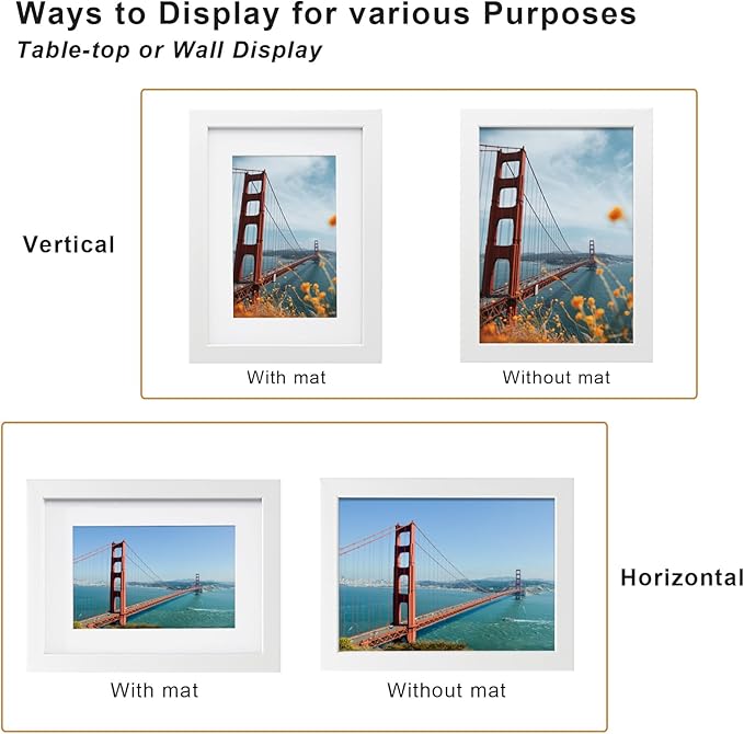 KINLINK 6x8 Picture Frame White Set of 4, Wooden Photo Frames Matted 4x6 with Plexiglass for 4x6 with Mat or 6x8 without Mat for Table and Wall Display