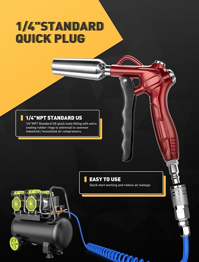 High Volume Air Blow Gun with Powerful Flow Nozzle, Retro Red Air Nozzle Blower Gun with 4.9" Stainless Steel Extension & 1/4'' Standard Quick Plug, Pneumatic Tool for Air Compressor Accessories