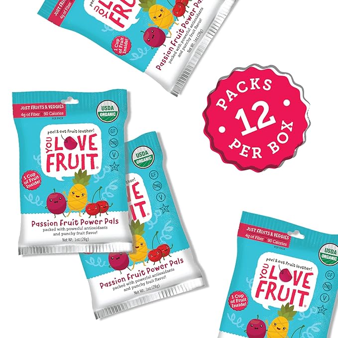 YOU LOVE FRUIT - PASSION FRUIT POWER PALS All Natural Fruit Snacks, Healthy Snack Pack, Real Fruit! Gluten Free, Non GMO, Vegan, Low Carb, Low Fat, Kosher, Variety Pack, Great For Adding To Gift Box, 1.0 oz (Pack of 12)