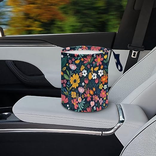 Colorful Flowers Car Garbage Trash Can Collapsible Trash Rubbish Bin Basket Bag Portable Cup Holder Organizer with Strap Universal Storage Bag Box for Front Seat, Back Seat, Floor, Headrest