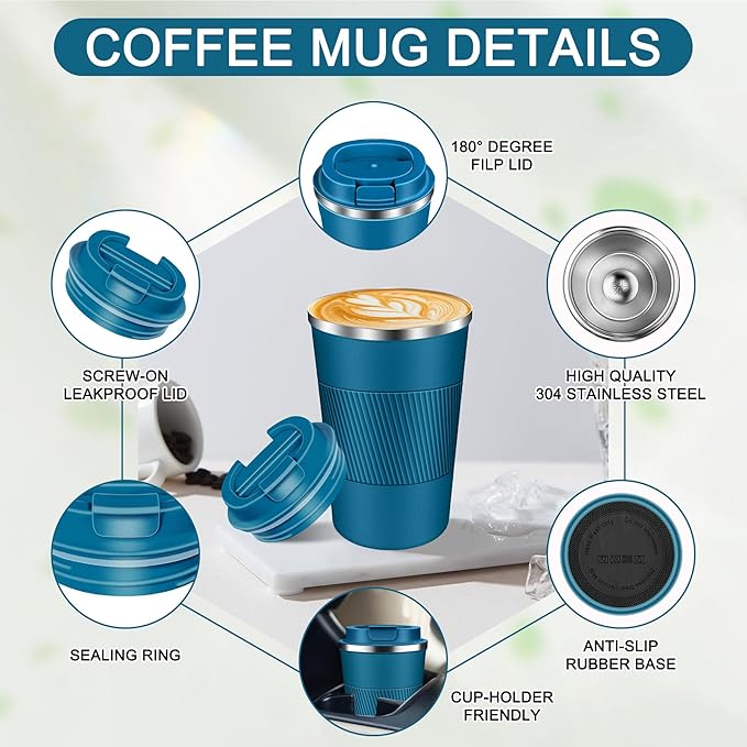 Coffee Travel Mug 12oz Insulated Coffee Mug with Lid Portable Spill-Proof Coffee Travel Mug No Handle Reusable Stainless Steel Mug Keeps Cold and Hot Suitable for Car, Daily, Travel and Gifts