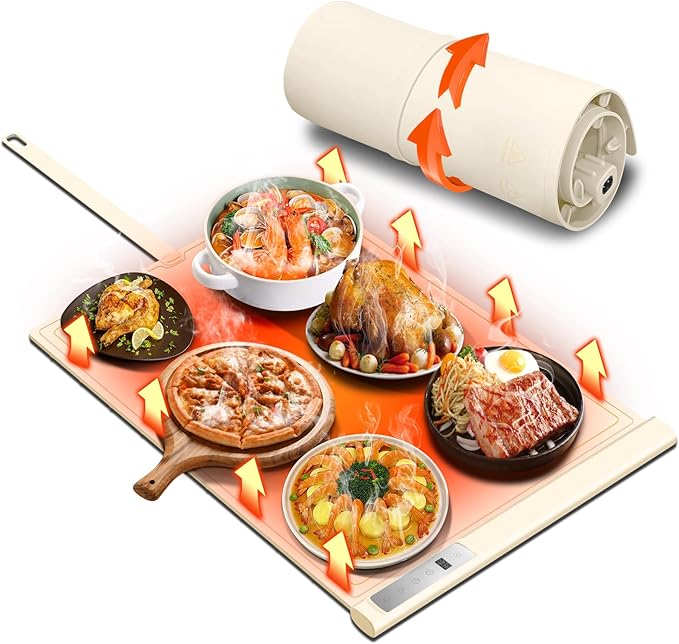 Warming Mat for Food | Max Temp 248℉,Electric Warming Tray with Timer and 8-Level Adjustable,Fast Full-Surface Food Heating Mat with Child Lock,Roll-Up & Portable Silicone Food Warmer for Buffet Party