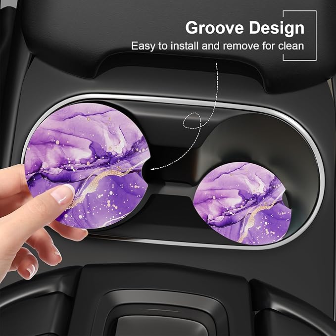 Car Cup Holder Coaster, Car Coasters for Cup Holders, 2 Pack Universal Anti Slip Insert Absorbent Ceramic Auto Interior Accessories with A Finger Notch & Cork Base, Purple Marble
