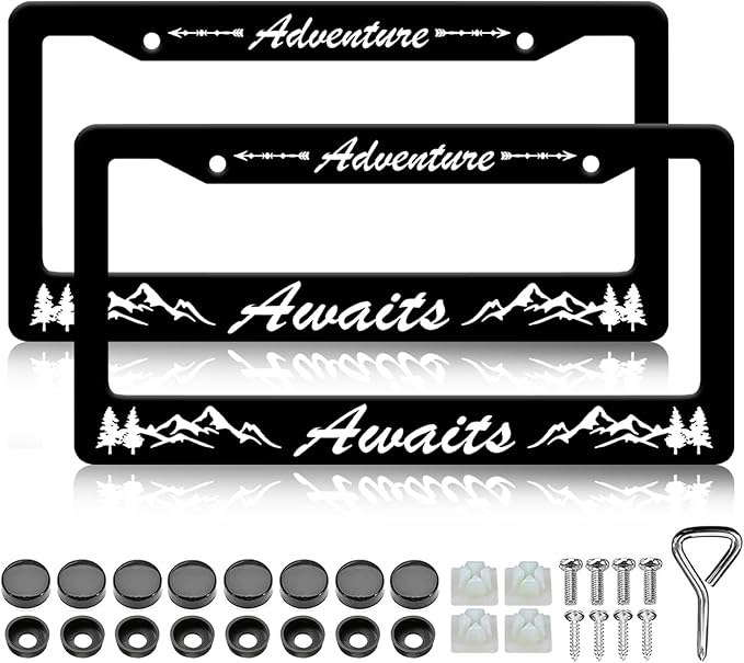 Adventure Awaits License Plate Frame - 2 PCS Mountains Tree Aluminum Metal License Plate Frames Holder, Rust-Proof Waterproof Car Decorative Tag Frames with Screws Fasteners Caps