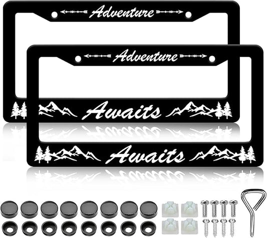 Adventure Awaits License Plate Frame - 2 PCS Mountains Tree Aluminum Metal License Plate Frames Holder, Rust-Proof Waterproof Car Decorative Tag Frames with Screws Fasteners Caps