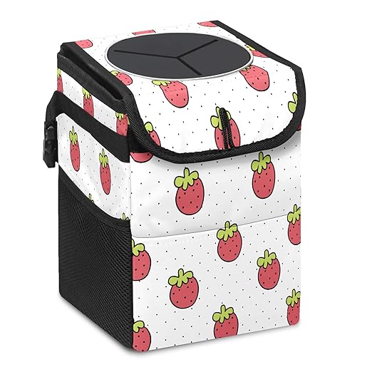 Car Trash Can Lovely Strawberry Auto Garbage Bag Car Trash Can with Lid Leak-Proof Car Storage Bag Garbage Bag Hanging for Headrest Collapsible and Portable with Storage Mesh Pocket