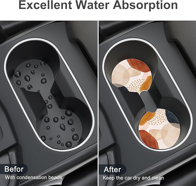 Car Cup Holder Coaster, Car Coasters for Cup Holders, 4 Pack Universal Anti Slip Insert Absorbent Ceramic Auto Interior Accessories with A Finger Notch & Cork Base, Simple Abstract Art
