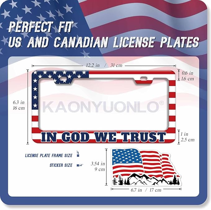1PCS in God We Trust American Flag License Plate Frame Holder - USA Stars and Stripes Auto Universal Aluminum Matte Car Tag Holder Covers with Sticker & Screws for Men