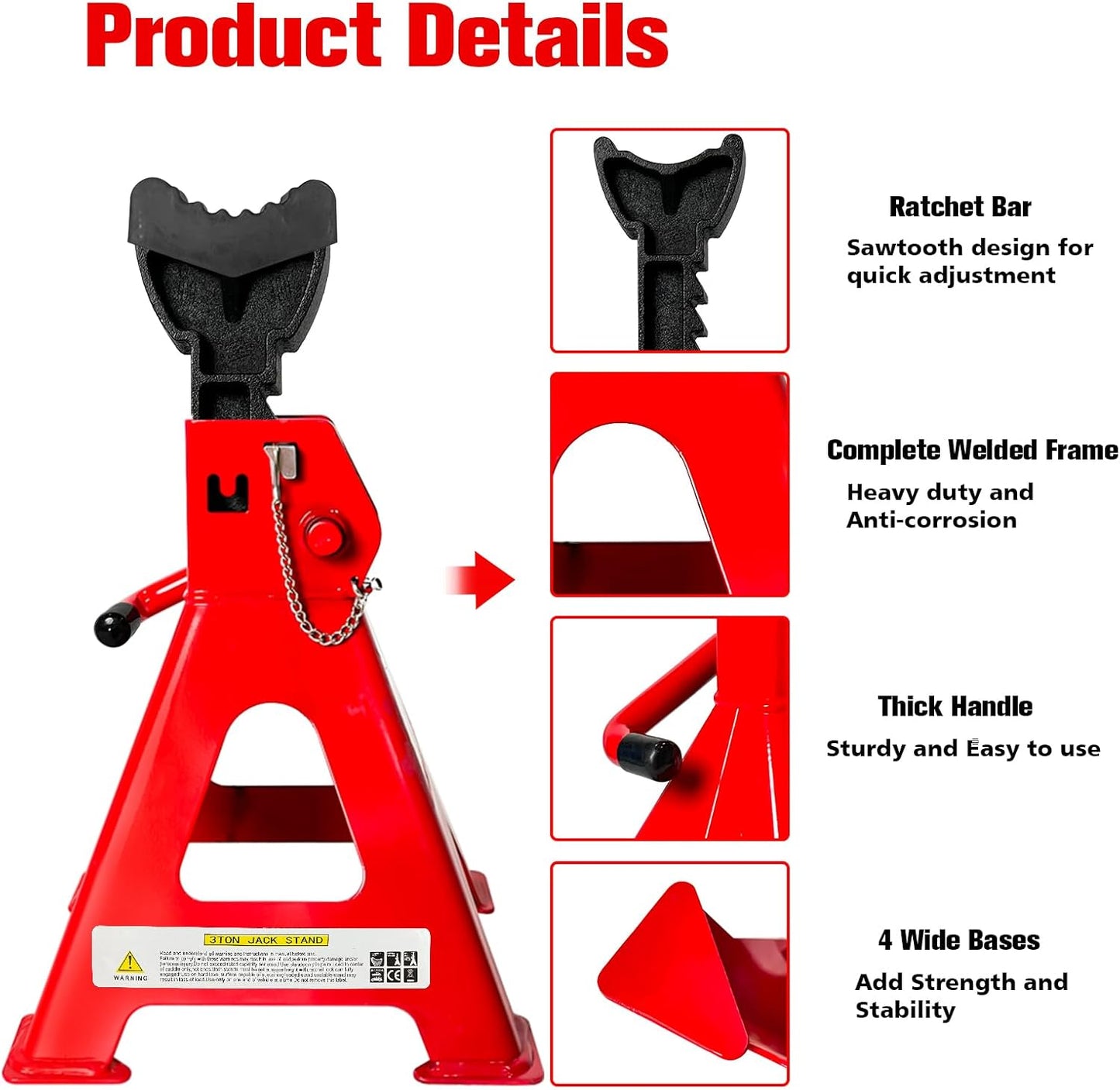 Jack Stands 3 Ton (6,600 LBs), 11.22"-16.54" Adjustable with Double Pin Locking for Reinforced Safety. Car Jack Stand with Extra Rubber Pads for Trucks, Home,Garage,Lifting,1 Pair Red