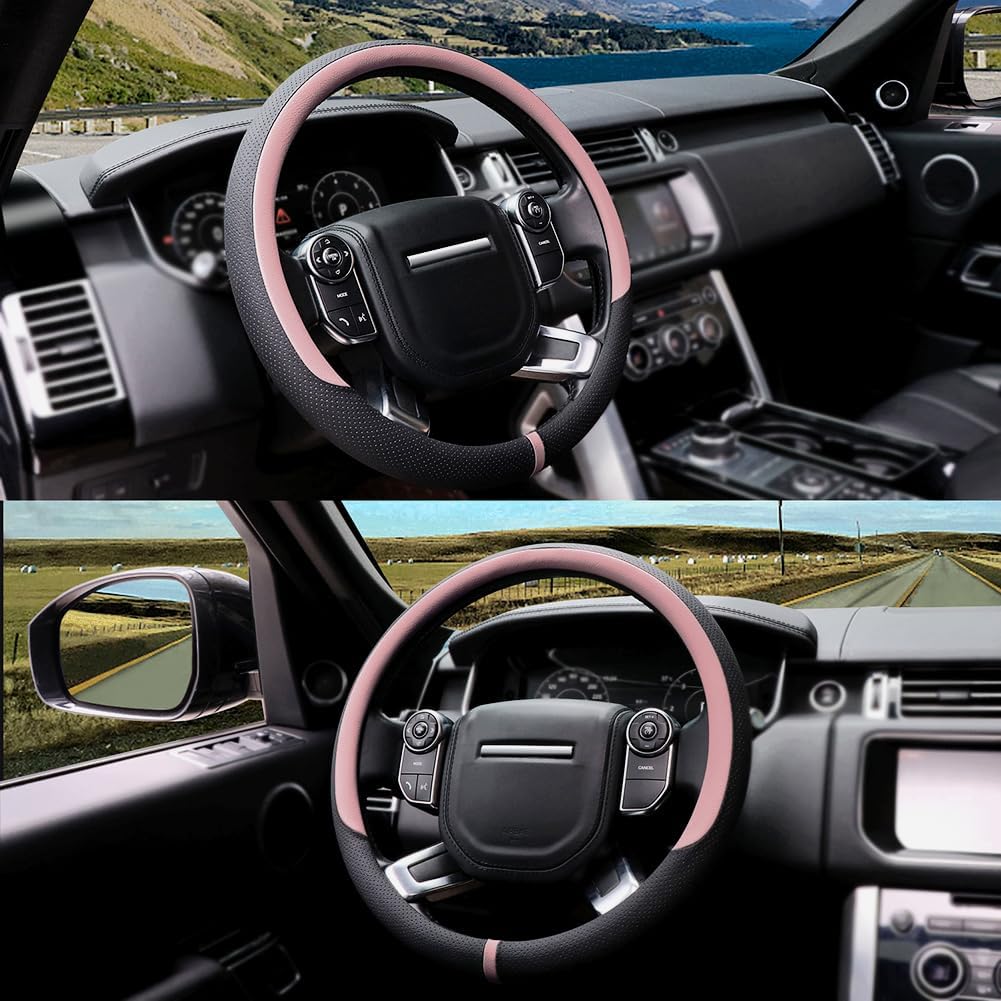 COFIT Breathable Car Steering Wheel Cover 16 inch Auto Universal Leather Wrap Non-Slip Steeringwheel Protector Automotive Interior Accessories, Pink (Suit for 15.5-16 inch)