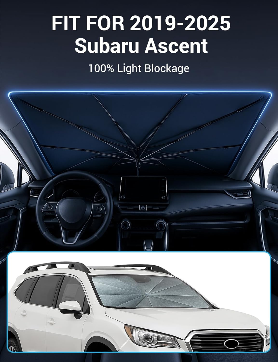 Proadsy Windshield Sun Shade Umbrella for Subaru Ascent 2019-2025 2026 Foldable Car Umbrella Sunshade with Soft TPU Handle Spring Structure Crystal Cooling Material Protect Car from Rays & Heat