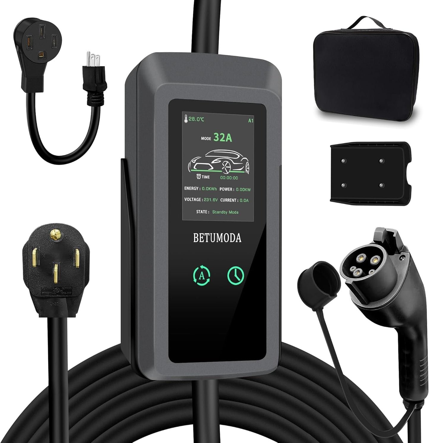Level 2 EV Charger, 32 Amp, Portable Charger for Home and J1772, 25ft Cable, 240V, Charging Stations with LED Display, NEMA14-50 Plug, Current Adjustable.(Tesla Need Adapter)