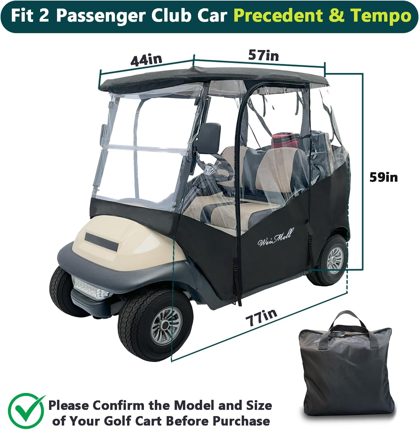 Golf Cart Enclosure 2 Passenger for Club Car Precedent Tempo Onward 2-Seater Waterproof Transparent Driving Rain Enclosure Cover with 4-Sided Clear Windows Mirror Zipper Roll-Up Door Black