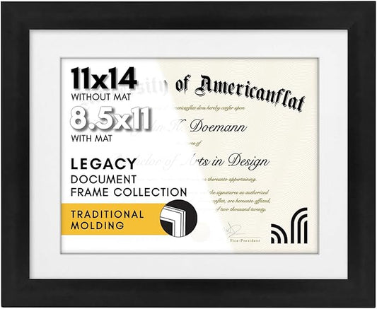 Americanflat 11x14 Diploma Frame with Shatter-Resistant Glass - Use as 8.5x11 Frame with Mat or Display 11x14 Documents Without Mat - Legacy Collection - Certificate Frames for Wall Display - Black