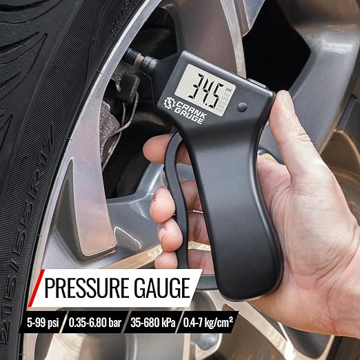 Battery-Free Tire Pressure Gauge (5-99 psi) and Tread Depth Meter (0-15mm) for Car, SUV and Motorcycle – Crank-Powered, Digital Display, Accurate and Eco-Friendly