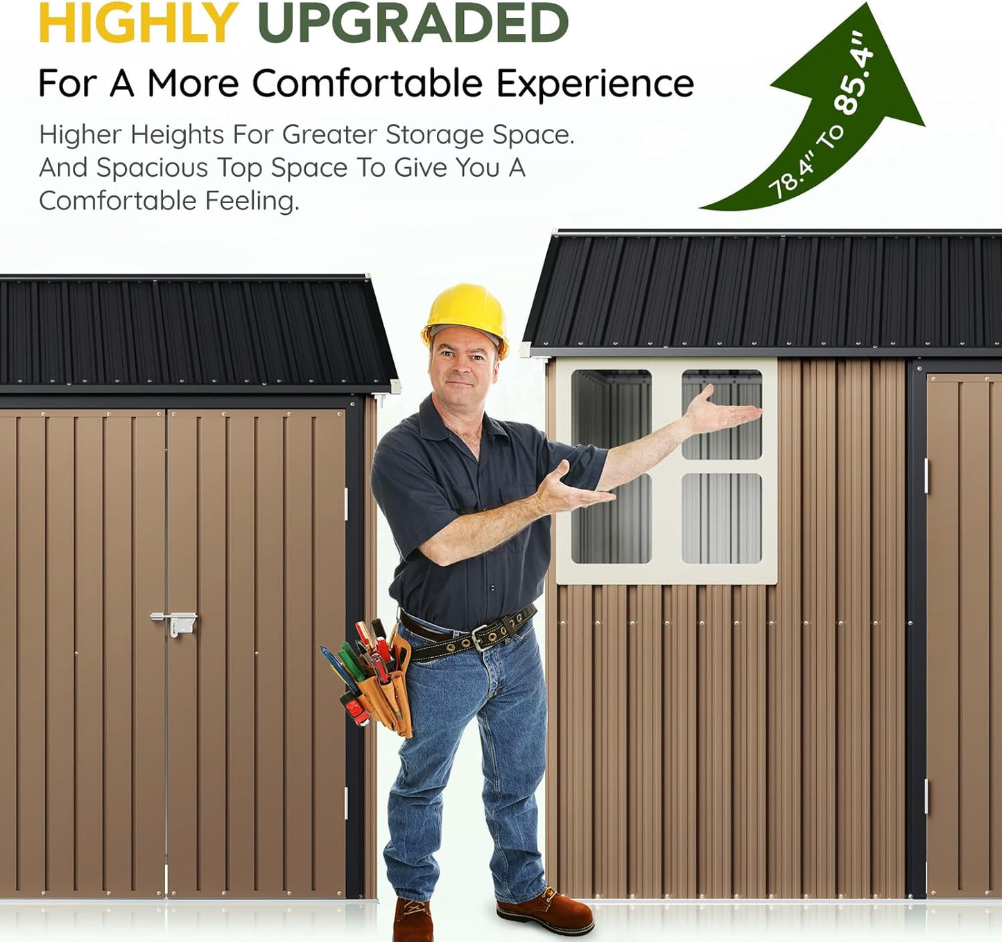 Breezz 6X8FT Outdoor Steel Storage Shed with Frame Floor,Clear Window, Lockable Doors, Weather-Resistant Metal Tool Shed for Garden, Backyard, Patio, and Utility Storage Brown