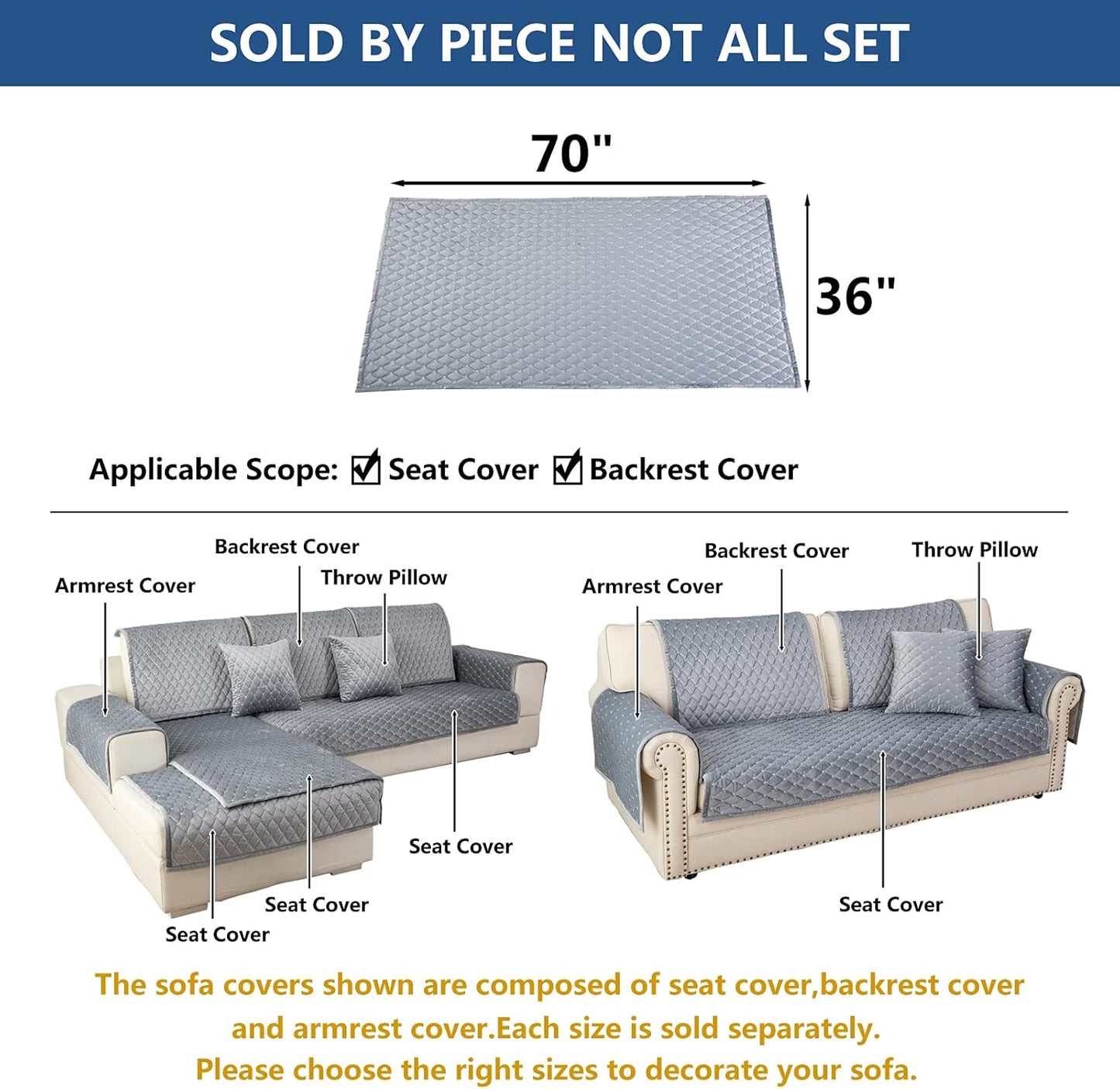 Eismodra Couch Cover,Sectional Couch Covers,Sofa Covers for 3 Cushion Couch,Anti-Slip Sofa Slipcovers for Dogs Cats Kids Loveseat Recliner L Shaped Armrest Backrest,Light Gray 36''x70''(Only 1 Piece)