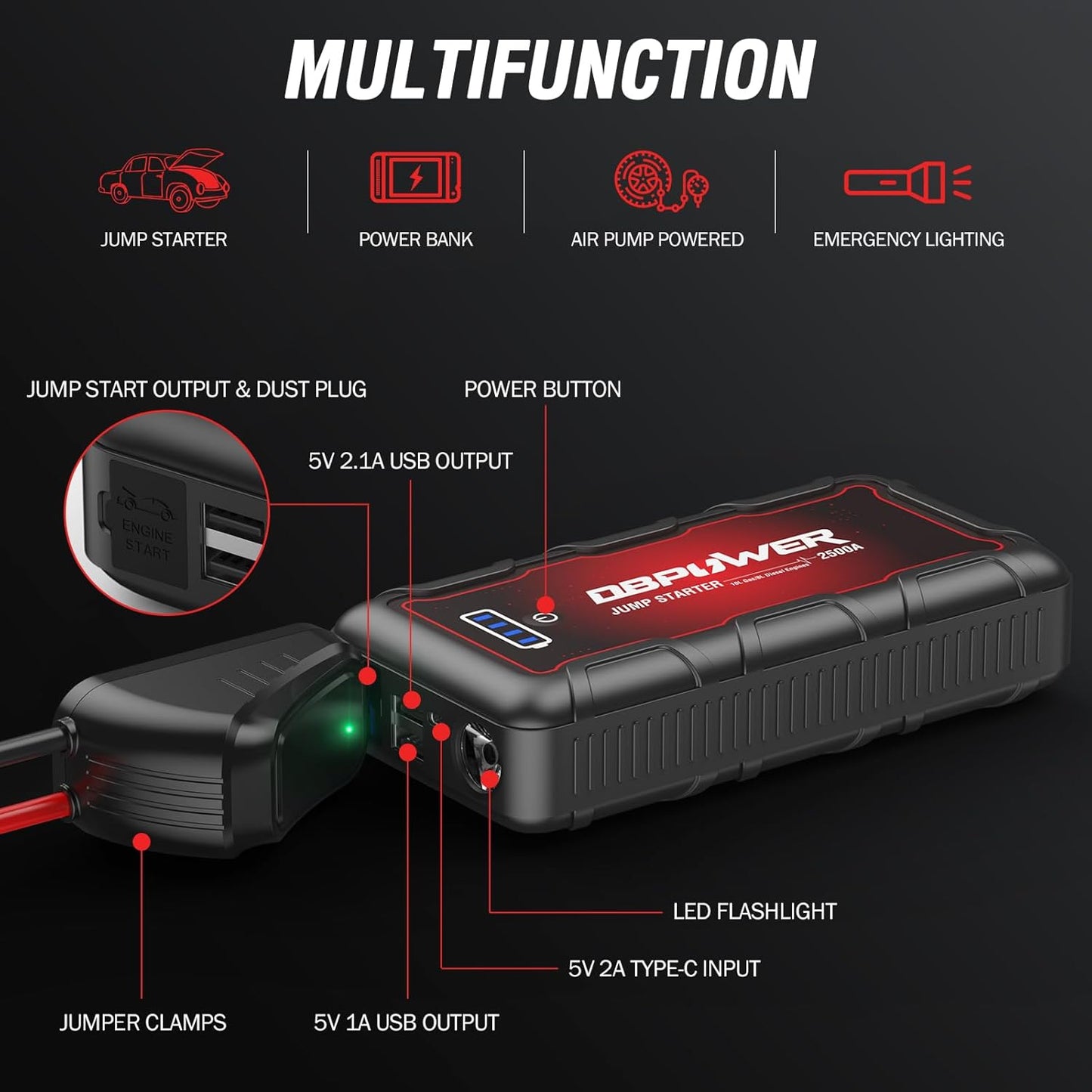 DBPOWER Jump Starter 2500A Peak 74Wh Portable Car Jump Starter (Up to 10L Gas/8L Diesel Engine) 12V Auto Battery Booster Pack with Smart Clamp Cables, Quick Charger, LED Light Jump Box