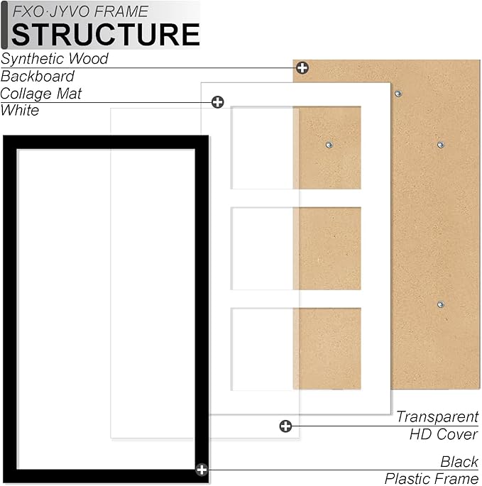 4x6 Picture Frame Collage Set of 6, Display 3 4x6 Picture Collage or 8x14 Photo Only Without Mat, Light Weight and High Transparent Frame for Wall - 6 Pack/Black/3-Openings