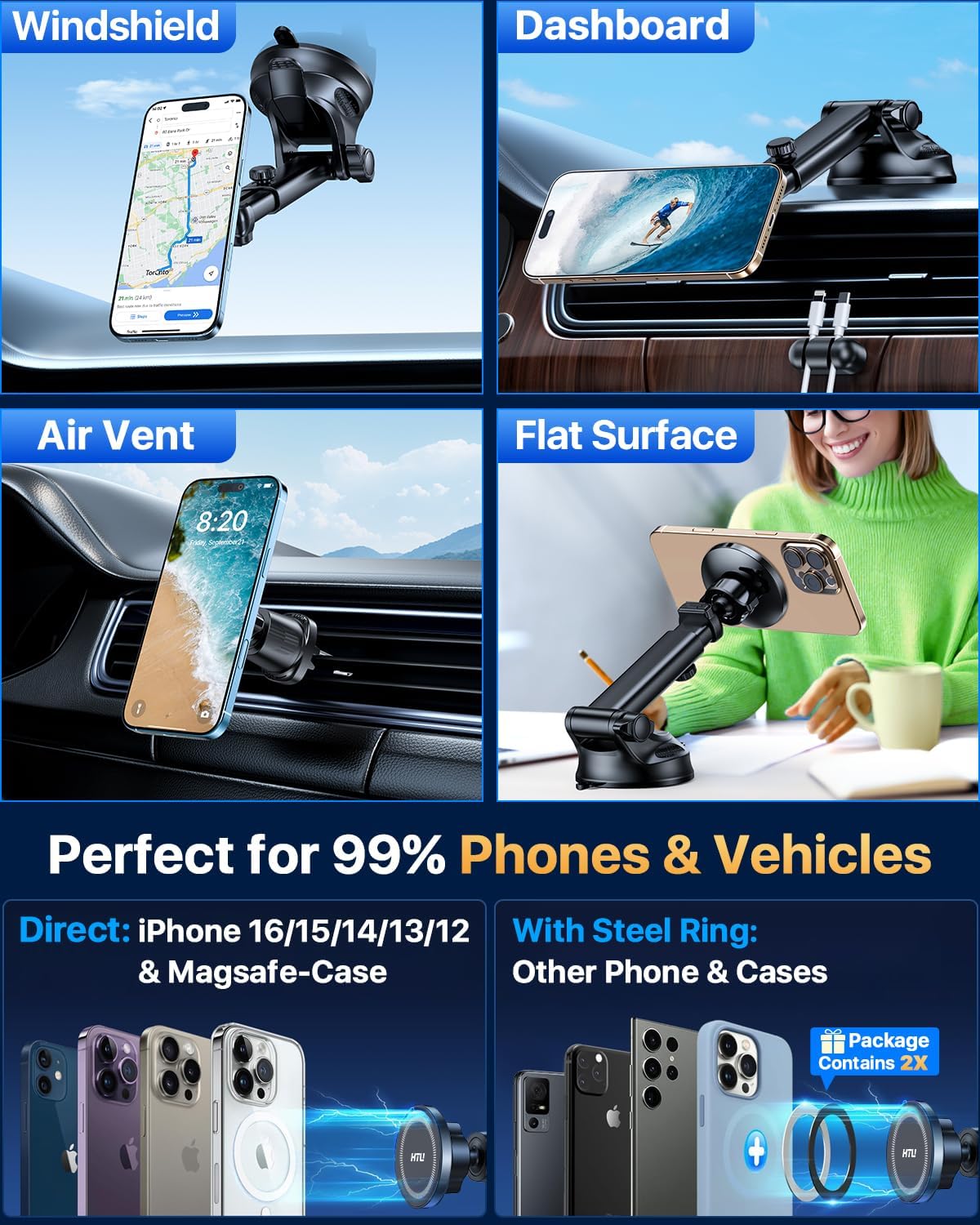 HTU for MagSafe Car Phone Mount Magnetic Phone Holder for Windshield Vent Dashboard Magnetic Suction Phone Mount for iPhone 16/15/14/13/12 & Android (Neutral Gray)