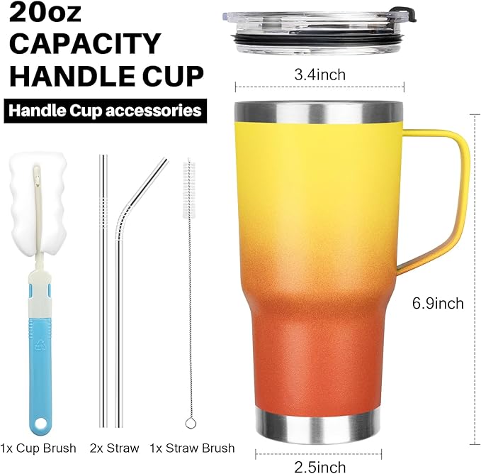 20 oz Tumbler with Handle, Stainless Steel Insulated Tumbler with Lid and Straw, Double Wall Vacuum Insulated Coffee Mug Tumbler, Insulated Coffee Thermal Cup for Cold and Hot (Yellow Orange)