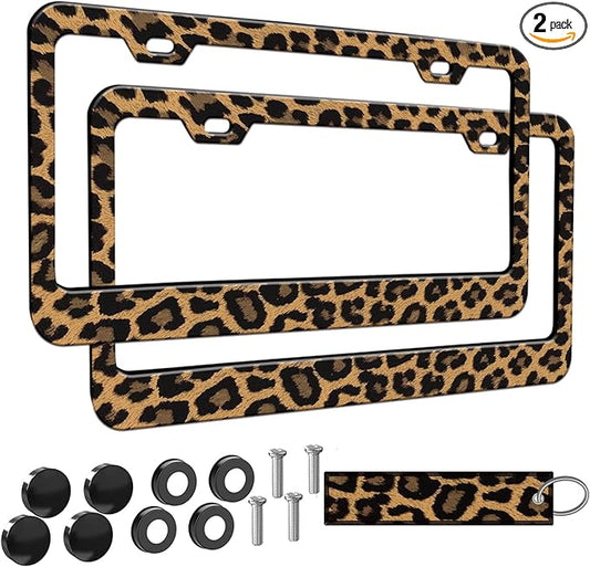 2pcs Brown Cheetah Leopard Print License Plate Frame for Women, Cheetah Leopard Brown car Decorative tag Frames Girly Animal License Plate Cover Holder for Vehicle with car Keychain tag