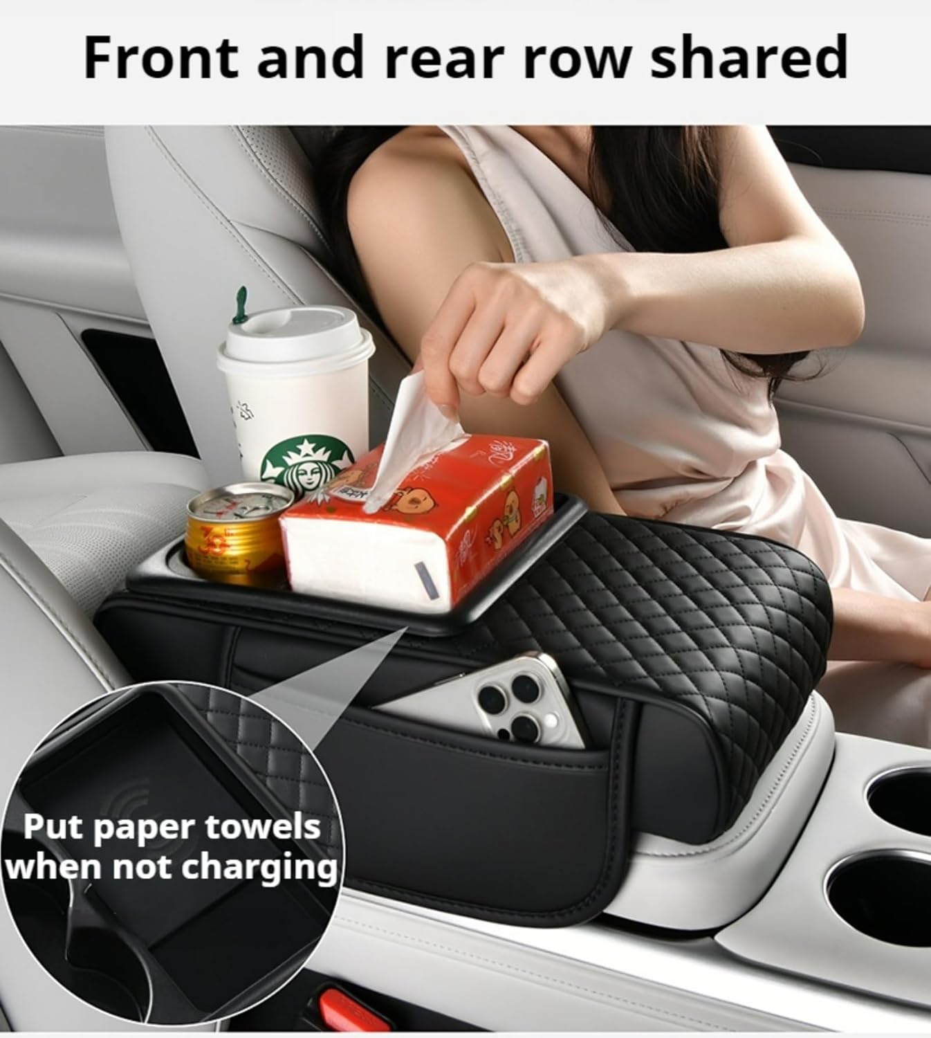 Upgrade Arm Rest Cover for Car, 5-in-1 Middle Console Cover Cushion Pad with Cup Holders & Side Pockets, Center Armrest Storage Box, Black