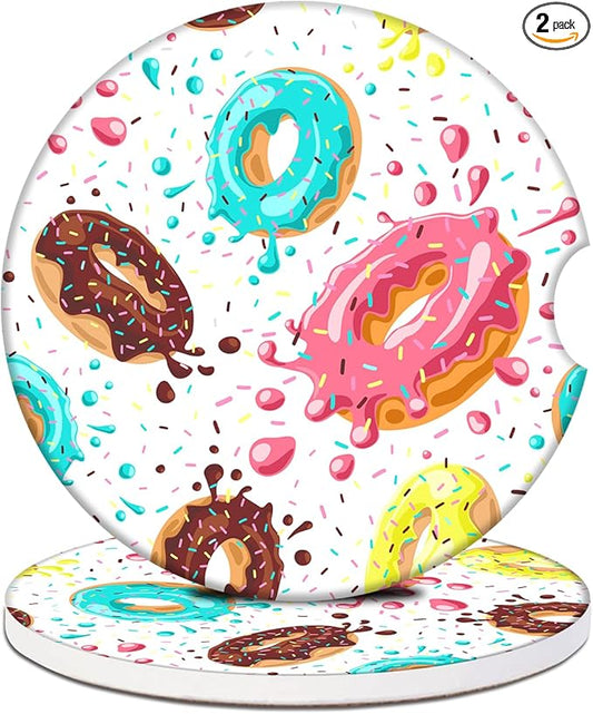 Car Cup Holder Coaster - Sweet Donuts Absorbent Ceramic Coaster 2 Pack, Car Coasters for Cup Holders, Fashion Car Interior Accessories Drink Coaster for Women & Men