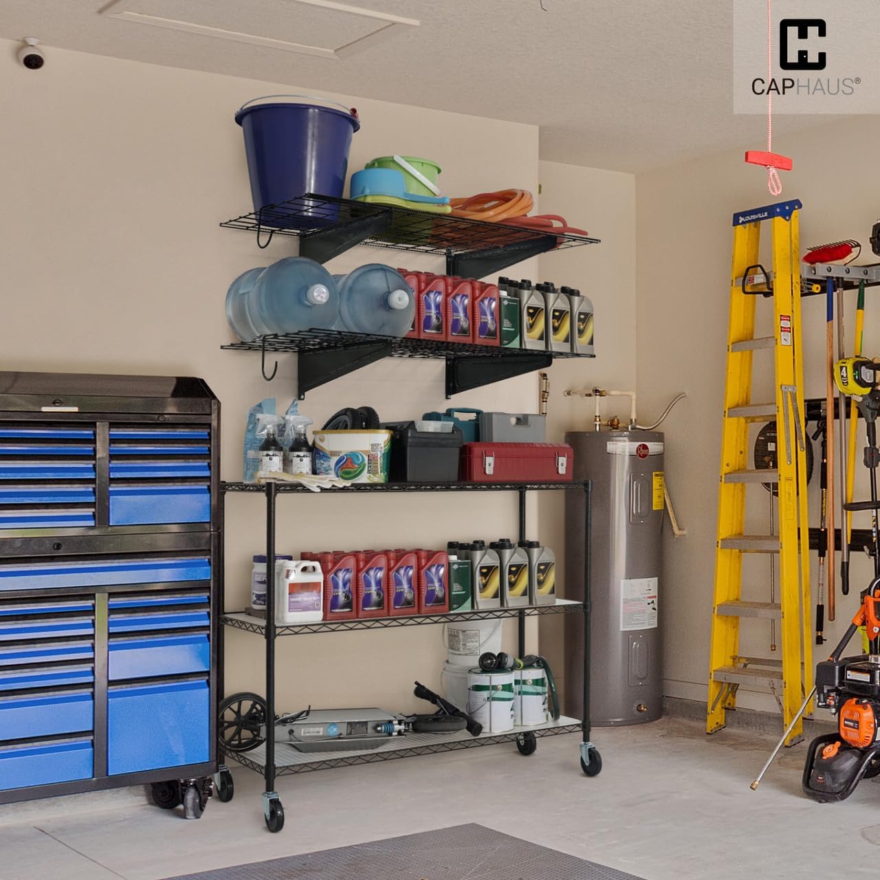 Fencer Wall Mounted Garage Shelving - 48 in. W x 18 in. D, White, Heavy Duty, 2 Hooks, 500lb Capacity