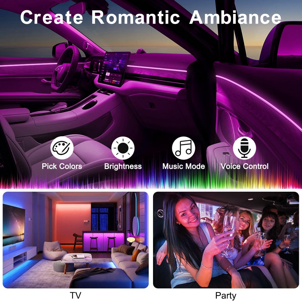 Interior Car Lights with Wireless APP & Remote Control, 9 in 1 RGB Car Ambient Lighting Kit with 4 Under Dash Lights & 5 Fiber Optic LED Strips, Sync to Music Inside Car Accessories