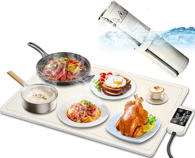 Waterproof Electric Food Warming Mat, Food Grade Silicone Warming Tray with 17 Temp Setting and 6 Hours Timer, Full Surface Heating Mat, Roll Up Food Warmers for Parties Buffet (Ivory)