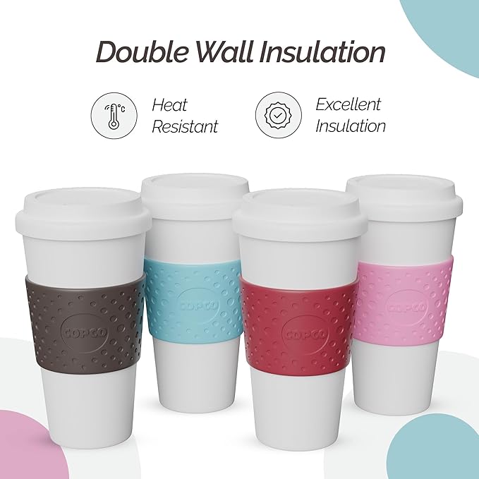 Copco Acadia Travel Mug (4-Pack), 16oz Insulated Coffee Mug with Double-Walled Plastic, Leak-Proof Lid - Microwave & Dishwasher Safe, Non-Slip Sleeve, Hot & Cold Drinks - Bright Colors