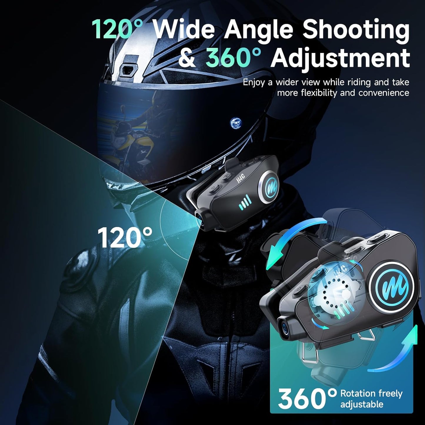 Motorcycle Helmet Headset with Camera, Moman H4C with 【1080P Camera】120° Wide Angle 360° Shooting Single Use Motorbike Headphone Speaker with 32G TF-Card HiFi Stereo AI Voice Assitant IPX6 Waterproof