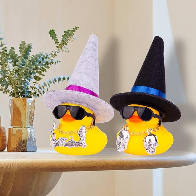 Car Rubber Duck Ornaments Halloween Duck Car Dashboard Decorations with Mini Witch Hat Sunglasses Necklace Halloween Accessories for Halloween Themed Gifts(W7-Light Gray&Purple Ribbon)
