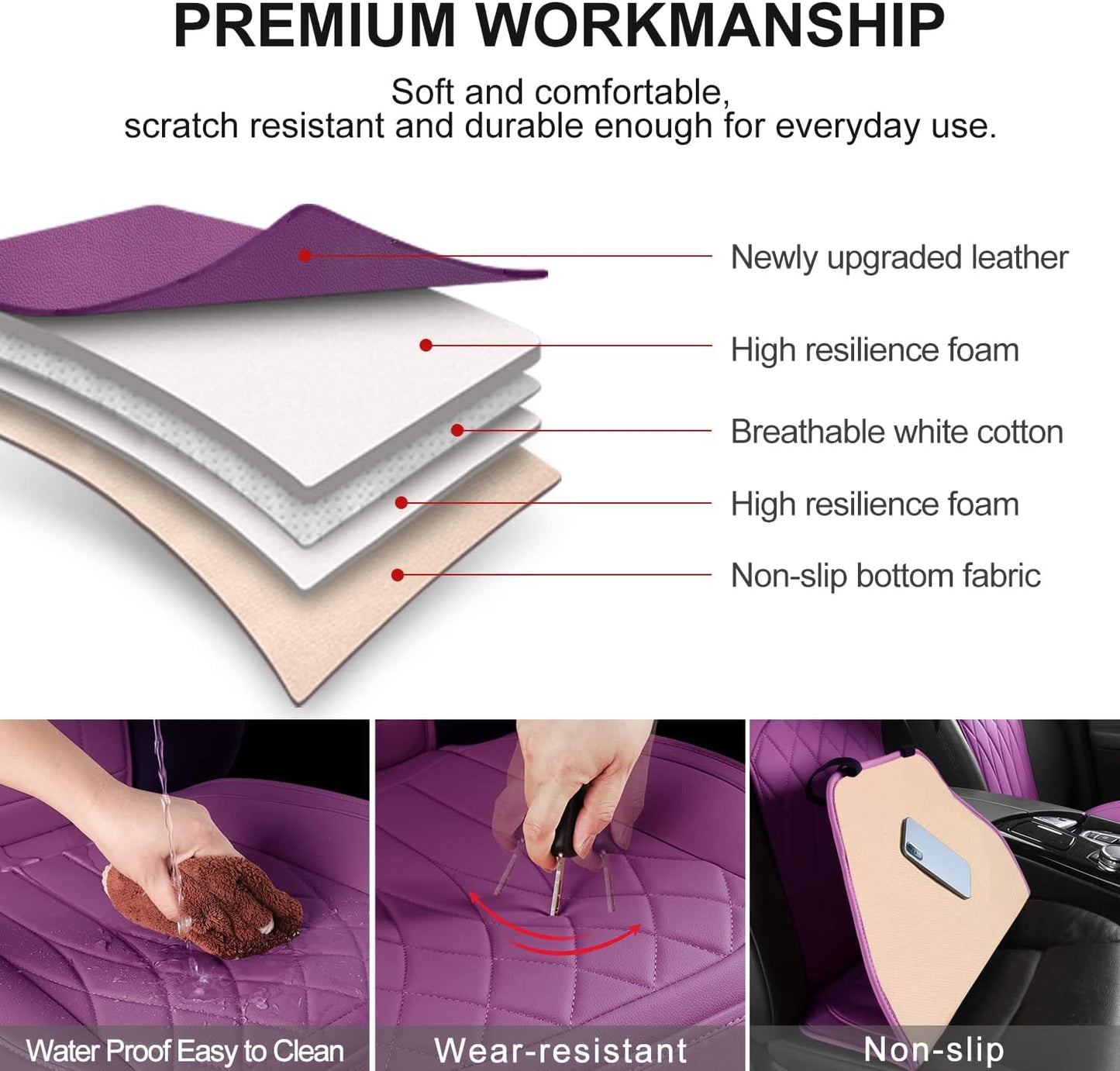 2 Pack Leather Front Car Seat Covers, Universal Sideless Car Seat Protectors with Storage Pocket and Seat Belt Pads, Waterproof Automotive Seat Cover for Cars Trucks SUV(Purple)