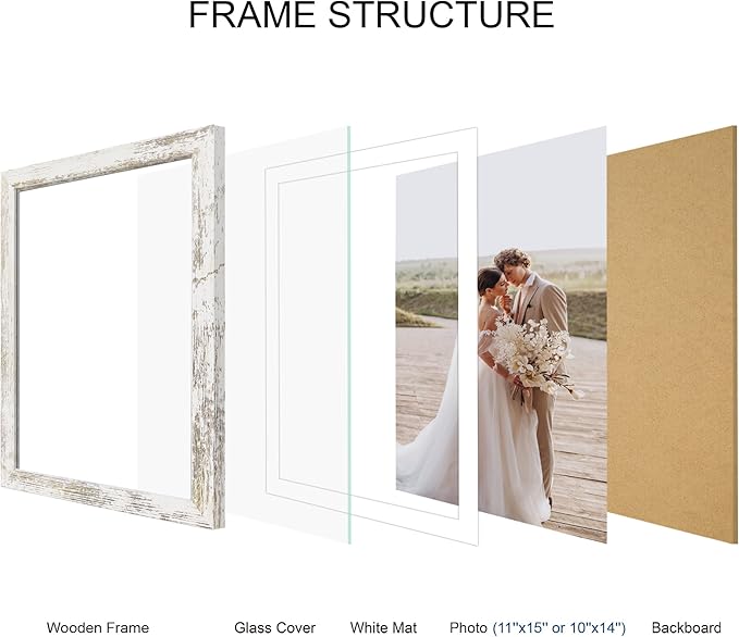 11x15 Picture Frame Set of 4, Made of Real Glass and Distressed White Frame - Display Picture 10x14 with Mat or 11x15 Without Mat, 11 by 15 Photo for Wall Mounting