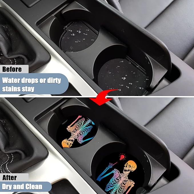 Car Cup Holder Coaster - Colorful Funny Skull Absorbent Ceramic Coaster 2 Pack, Car Coasters for Cup Holders, Fashion Car Interior Accessories Drink Coaster for Women & Men
