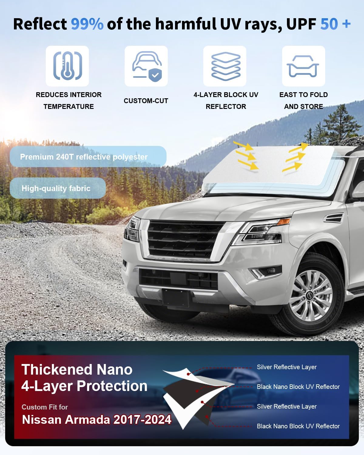 for Armada Windshield Sun Shade Custom Fit for 2017-2024 2025 Nissan Armada Accessories Sunshade 2-Layer Front Window Sun Visor Shield Protector Foldable Blocks UV Rays