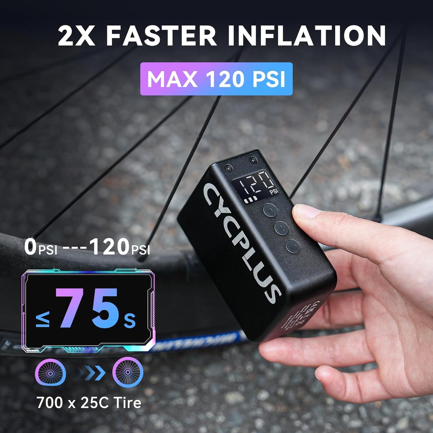 CYCPLUS Tiny Pump Mini with Gauge, Max 120 PSI Cordless Bicycle Air Pump, Auto Stop, with Presta and Schrader Valve for Car, Motorcycle, Bike and Ball AS2 Pro Max(2025 Updated Version)