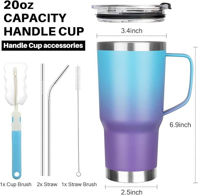 20 oz Tumbler with Handle, Stainless Steel Insulated Tumbler with Lid and Straw, Double Wall Vacuum Coffee Mug Tumbler, Insulated Coffee Thermal Cup for Cold and Hot（Blue Purple）