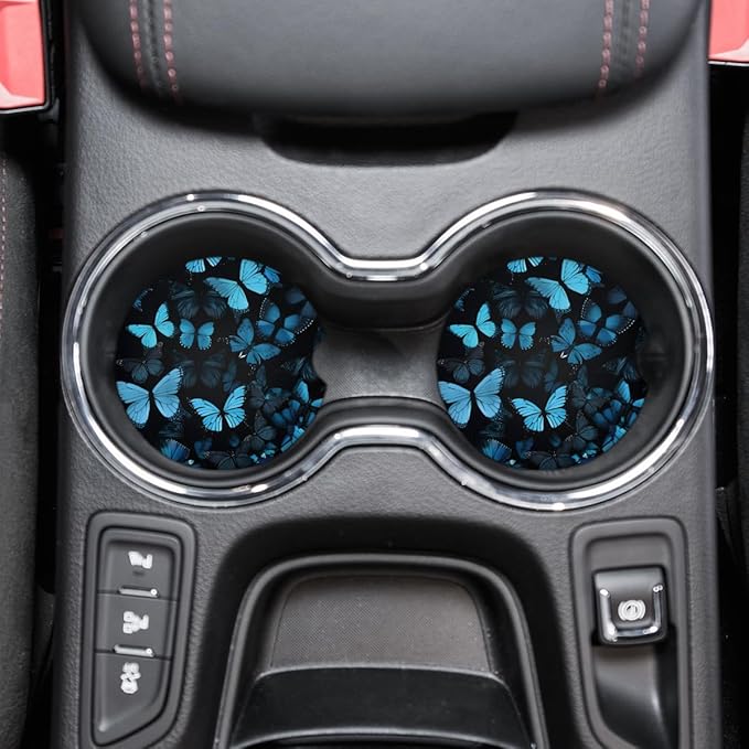 Cup Holder Coaster 2 Pack - Cork Base Universal Car Cup Coasters for Drinks - Funny Aesthetic Car Accessories, Table Coaster Home Decor (Blue Butterfly)