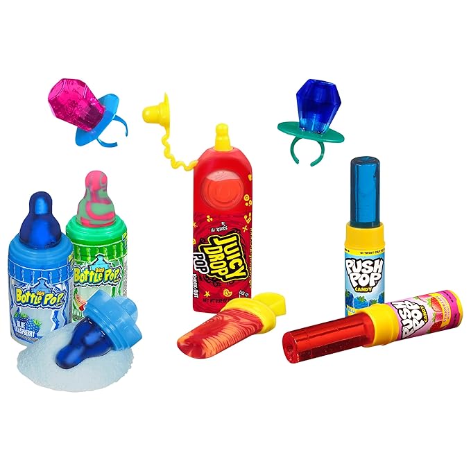 Assorted Candy Variety Pack 7 Count Lollipops - Ring Pop, Push Pop, Baby Bottle Pop & Juicy Drop - Ideal for Kids Party Favors, Party Favor Bags by Bazooka Brands
