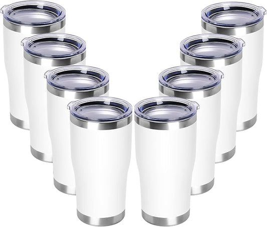 DOMICARE 20oz Tumbler with Lid Stainless Steel Tumblers Bulk, Double Wall Vacuum Insulated Coffee Travel Mug Powder Coated Tumbler, 8 Count (Pack of 1) White
