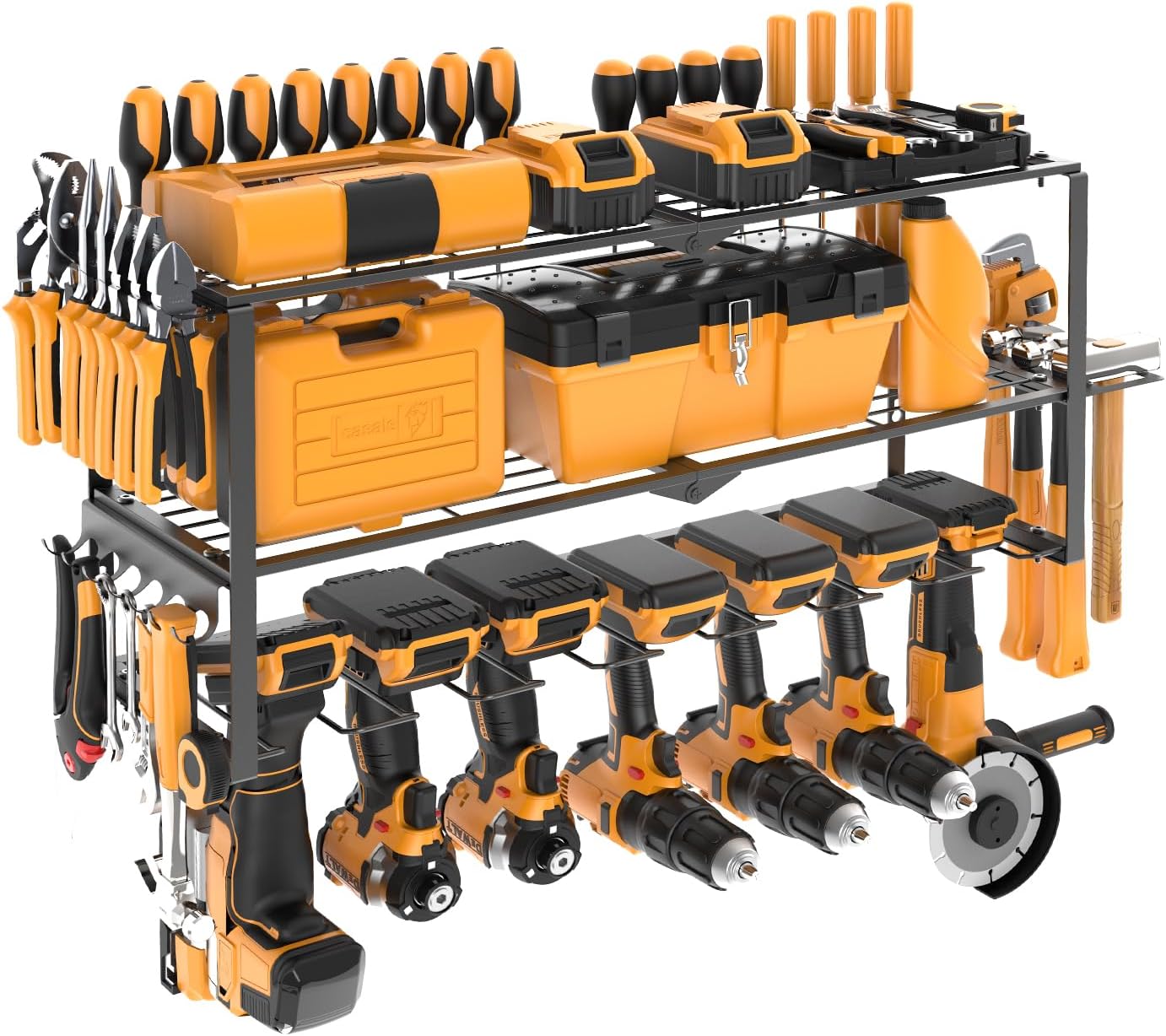 Large Power Tool Organizer Wall Mount, Power Tool Shelf System Battery Storage with 8 Cordless Drill Holder，3 Layers Heavy Duty Metal Loads 450lbs，Utility Racks for Garage Workshop
