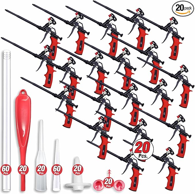 Luft Professional Expanding Foam Spray Gun (20 Insulation Guns + 180 Extenders) PU Insulating Applicator Heavy Duty Metal Body Dispensing Foam Gun Suitable for Caulking, Filling, Sealing (20 Pack)