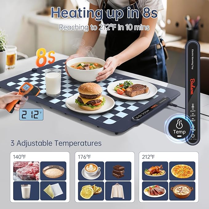 Warming Mat for Food - Rapid Full-Surface Heating Electric Warming Tray, 3-Level Temp & Auto Shut-Off, Portable Food Warmer for Home Dinners, Parties, Outdoor Picnics