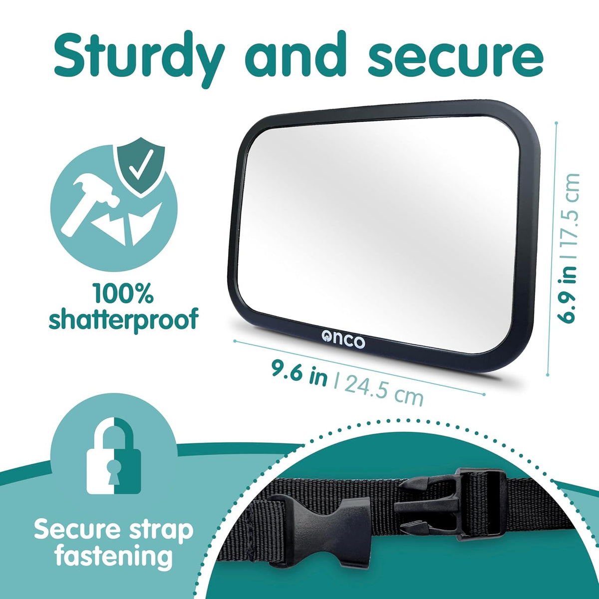 Onco Baby Car Mirror Rear Facing (2 Pack) - 100% Shatterproof & Shakeproof, Award-Winning Convex Car Mirror for Baby with 360° Rotation, Newborn Essentials (9.6 x 6.9 in)