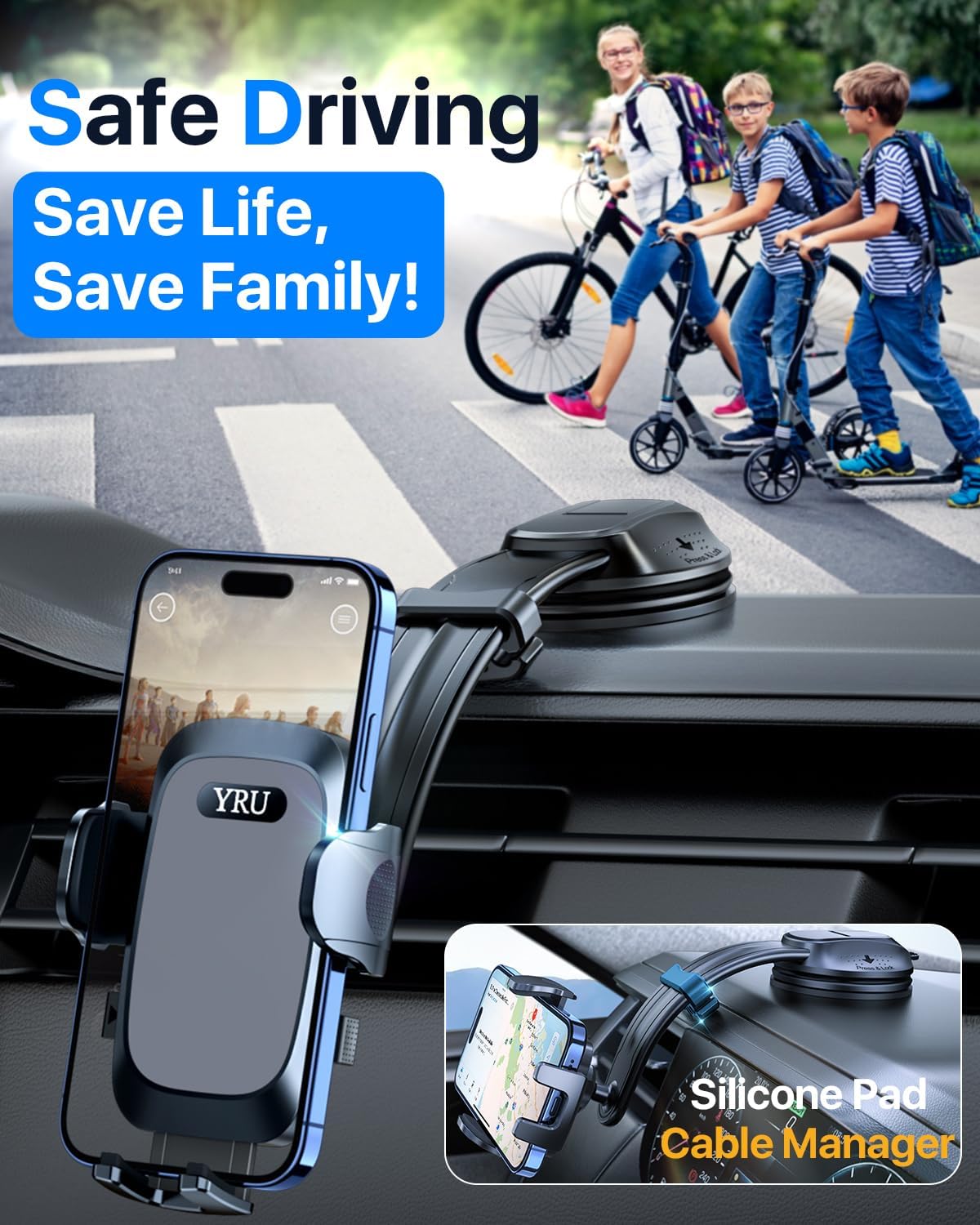 YRU [2025 Ultimate Car Phone Holder Mount [Bendable & Adjustable Aluminum Arm] Cell Phone Holder for Car Dashboard Windshield Phone Stand for iPhone16 15 14 13 Pro Max Samsung Pickup Truck,Dark Silver