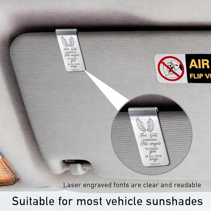for God Commands His Angels to Guard You Engraved Stainless Steel Car Visor Clip, in All Your Ways Psalm 91:11, Inspirational Guardian Angel Safe Driving Gifts for Family Friend Traveller